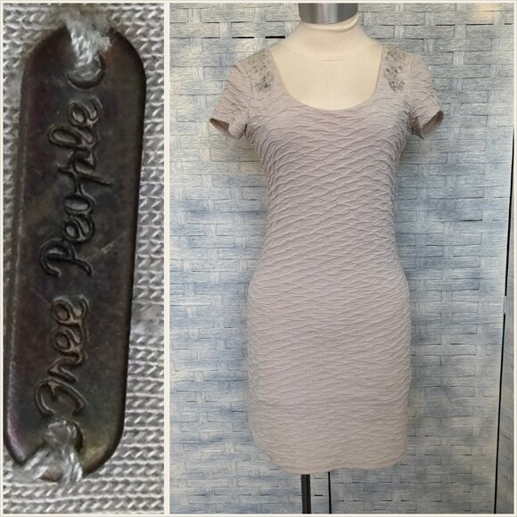 Free People Textured Beaded Scoop Neck Mini Dress Light Beige Short Sleeve - Picture 1 of 11